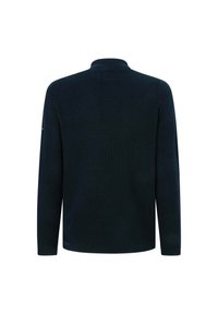 Dunkelblauer Strickpullover mit hohem Kragen und langen Ärmeln. Hat eine gerippte Textur und ein minimalistisches Design. Keine sichtbaren Logos oder Akzente.