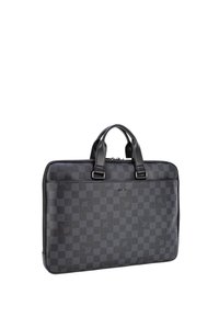 Black checkered laptop bag with textured surface, dual top handles, and a zip closure, featuring subtle branding on the front.