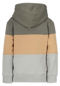 Hoodie med tre färgblock: olivgrön, beige och ljusgrå. Tillverkad av mjuk cottonblandning med ribbade ärmslut och nederkant.