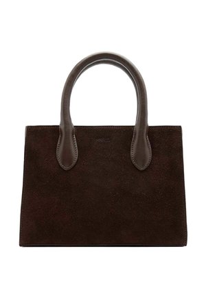 Dark brown suede handbag with smooth leather handles, rectangular shape, and subtle embossed brand name on the front.