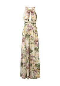 Robe maxi florale avec un col halter, présentant une découpe en trou de clé. Fabriquée en tissu léger de couleur crème, ornée de fleurs violettes et jaunes.