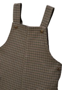 Salopette en tartan marron, fabriquée dans un tissu texturé, avec des bretelles réglables et des boutons en laiton ; présente un motif à carreaux classique.