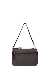 Borsa a spalla nera con texture, tracolla regolabile, tasca frontale con cerniera e logo dorato "Laura Biagiotti" sul davanti.