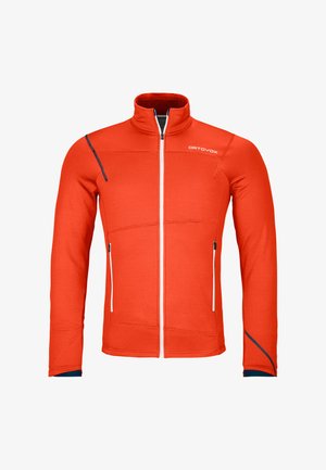 Red fleece jacket featuring a high collar, full front zipper, two zippered side pockets, and blue accents on sleeves.