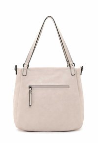 Beżowa torba tote z zamszu syntetycznego z podwójnymi ramiączkami, zapinaną na zamek przednią kieszenią i czarnymi akcentami. Gładka faktura i minimalistyczny design.