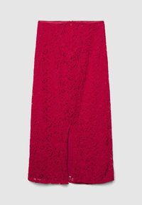 Roter Spitzenrock mit Blumenmustern, knielang, mit seitlichem Schlitz und einem durchgehenden Unterfutter. Reißverschluss hinten.