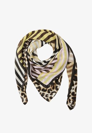 Firkantet tørklæde med diagonale striber i gul, brun, beige, sort og leopardprintkant med sort kant.