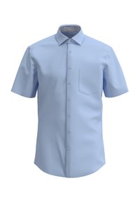 Maglietta azzurra chiara a maniche corte con colletto button-down, taschino sul petto e un motivo sottile all'interno del colletto. Tessuto dalla texture liscia.
