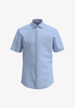 Lichtblauw overhemd met korte mouwen, met een button-down kraag, één borstzak en een subtiel patroon aan de binnenkant van de kraag. Glad textuur van de stof.
