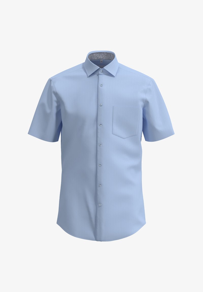 Maglietta azzurra chiara a maniche corte con colletto button-down, taschino sul petto e un motivo sottile all'interno del colletto. Tessuto dalla texture liscia.