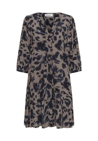 Robe beige avec un motif abstrait bleu marine, décolletée en V, à manches trois-quarts et à ourlet évasé. Fabriquée en tissu léger et texturé.