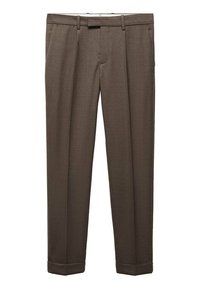 Pantaloni beige su misura con frontale piatto, tasche laterali e orli con risvolto. Realizzati in tessuto testurizzato con una finitura liscia.