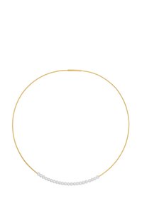Collana choker in metallo color oro con una fila di piccole perle bianche sul davanti. Design liscio e elegante con chiusura.