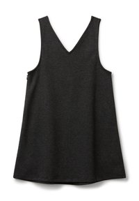 Vestido sin mangas de un gris oscuro texturizado con escote en V y silueta en A, presentado plano sobre un fondo blanco.