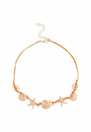 Necklace with orange cord featuring gold-tone seashell, starfish, and spiral shell charms, secured with a gold-tone clasp and adjustable chain.