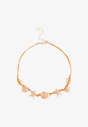 Necklace with orange cord featuring gold-tone seashell, starfish, and spiral shell charms, secured with a gold-tone clasp and adjustable chain.