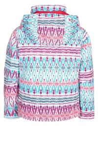 Musterjacke mit einem mehrfarbigen geometrischen Design in Pink, Blau und Weiß, mit Stehkragen und langen Ärmeln.