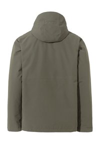 Olivgrüne wasserdichte Jacke mit Kapuze, die eine glatte Textur und ein einfaches Design aufweist. Enthält keine sichtbaren Verschlüsse oder Verzierungen.