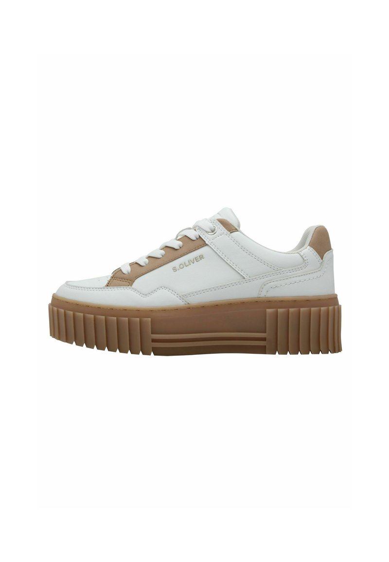 Sneaker bianca e beige con lacci, suola in gomma spessa e scanalata, parte superiore in pelle liscia e un sottile dettaglio del logo sul lato.