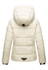 Puffer jacket in off-white, featuring a quilted design, a hood, and logo detail at the hem. Smooth texture with elastic cuffs.