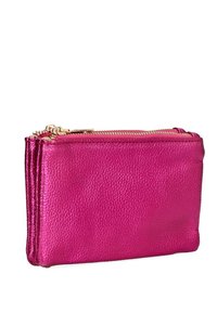 Monedero de cuero rosa compacto con textura granulada, cierre de cremallera dorada y un diseño plano. Cuenta con varios compartimentos para tarjetas y un compartimento para monedas.