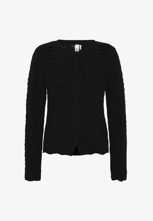 Cardigan negru cu mâneci lungi, guler rotund și închidere cu nasturi. Dispune de un model de tricot deschis și margine cu dantelă pentru textură și detaliu.