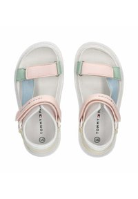 Sandali multicolori con cinturini rosa, verdi e blu, dotati di una suola testurizzata e chiusure regolabili. Logo stampato sulla soletta.