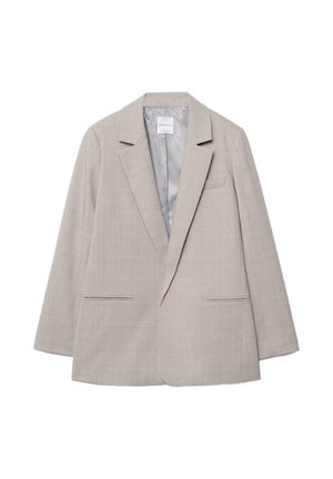Svetlo sivi blazer iz strukturirane tkanine, z zarezo ovratnika, dvema sprednjima žepoma in zapenjanjem na en gumb, brez podloge v notranjosti.