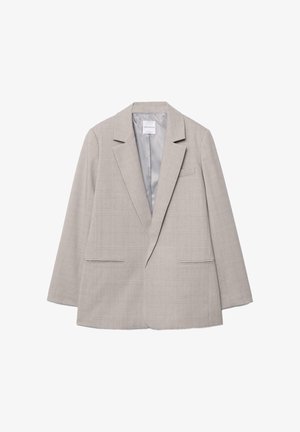 Svetlo sivi blazer iz strukturirane tkanine, z zarezo ovratnika, dvema sprednjima žepoma in zapenjanjem na en gumb, brez podloge v notranjosti.