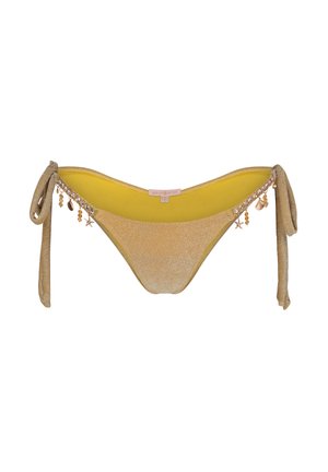 Goldfarbene, metallisch glänzende Bikini-Unterteile mit seitlichen Bindebändern. Mit gelbem Futter und dekorativen Perlen sowie Seestern-Akzenten entlang des Taillenbundes.