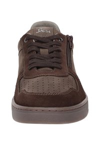 Braune Wildledersneaker mit perforiertem Design und Schnürung. Seitlicher Reißverschluss, Gummisohle und grauer Stoffkragen.
