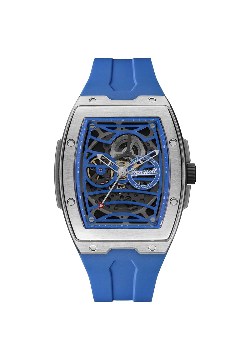 Automatisch horloge met een roestvrijstalen kast, blauwe skeleton wijzerplaat en bijpassende blauwe siliconen band. Kenmerkt zich door rode accenten en een ingewikkeld uurwerk.