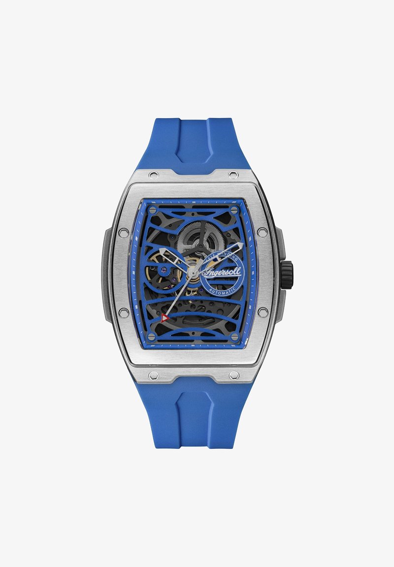 Automatisch horloge met een roestvrijstalen kast, blauwe skeleton wijzerplaat en bijpassende blauwe siliconen band. Kenmerkt zich door rode accenten en een ingewikkeld uurwerk.