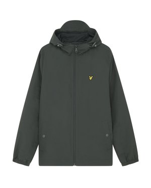 Dark green jacket with a hood, zip closure, and elastic cuffs. Features a small yellow logo on the chest and side pockets. Smooth fabric.