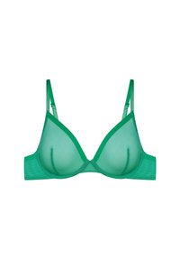Zielony stanik z drucikiem z siateczki, z głębokim dekoltem, regulowanymi ramiączkami oraz bezszwowymi miseczkami dla gładkiego sylwetki.