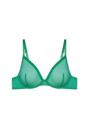Green mesh underwire bra featuring a plunging neckline, adjustable straps, and seamless cups for a smooth silhouette.