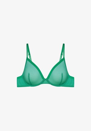 Grüner Mesh-BH mit Unterdraht, der über einen tiefen Ausschnitt, verstellbare Träger und nahtlose Cups für eine glatte Silhouette verfügt.