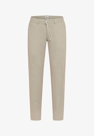 Pantaloni beige a taglio aderente con sottili righe verticali, vita con coulisse, passanti per cintura e tasche laterali.