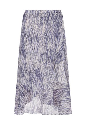 Fialová a bílá sukně s vzorem a volným střihem, s vysokým pasem a vrstveným lemem pro zvýšení textury.