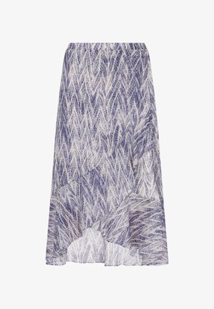 Fioletowa i biała spódnica w wzory o swobodnym kroju, z wysokim stanem i warstwowym dołem, dodającym faktury.