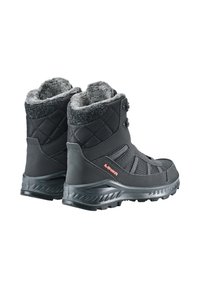 Zwarte geïsoleerde winterlaarzen met een textiel bovenmateriaal, bontvoering en rubberen zool. Voorzien van een gewatteerd ontwerp en verstelbare sluitingen.
