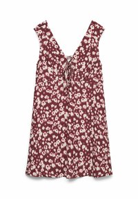 Robe sans manches bordeaux avec un motif floral abstrait blanc et un décolleté en V lacé, longueur genoux avec une jupe ample.