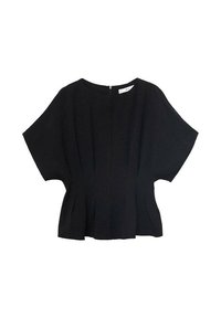 Blusa nera a maniche corte in tessuto texturizzato, con chiusura a zip nella parte posteriore e dettagli arricciati in vita.