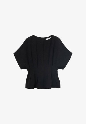Short-sleeved black blouse with a textured fabric, featuring a zip closure at the back and gathered detailing at the waist.