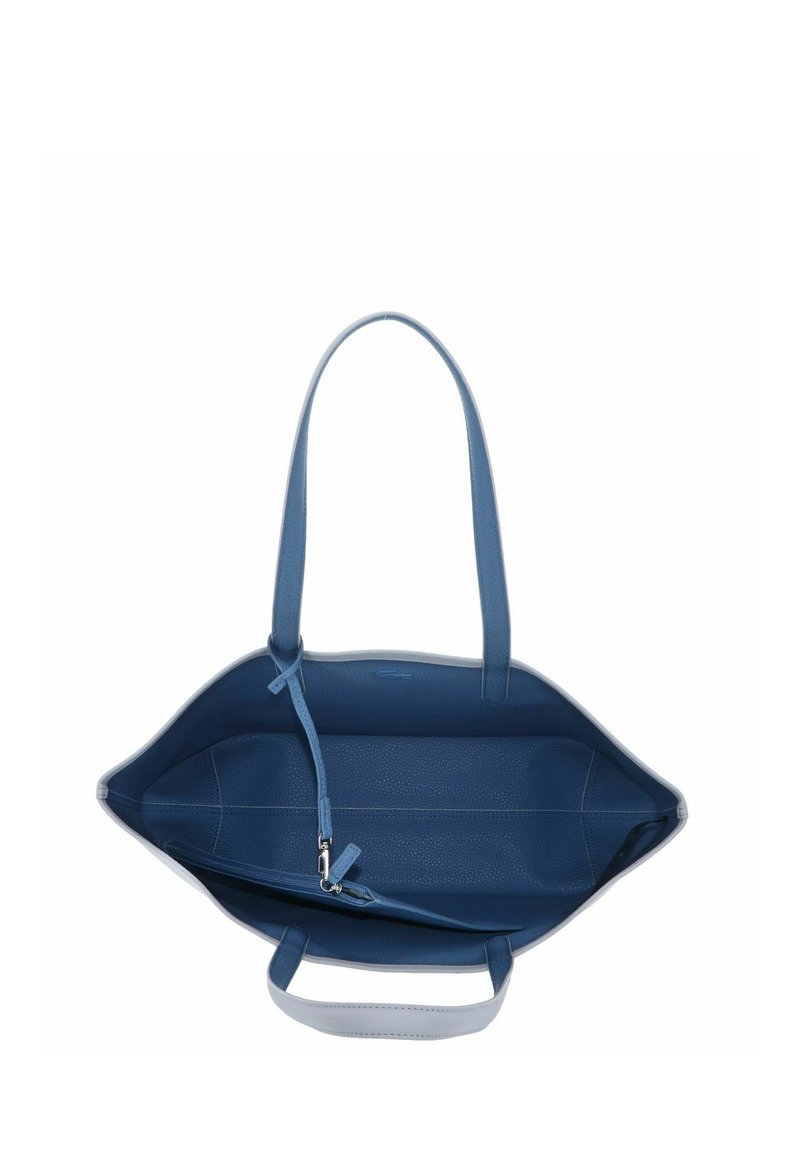 Blaue Ledertasche mit zwei Trägern und einem inneren Reißverschlussfach, von oben gezeigt mit geöffnetem und leerem Innenraum.