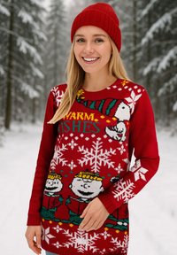 Maglione rosso a maglia con motivi festivi, tra cui fiocchi di neve e figure di cartoni animati. Testo "Warm Wishes" in verde, con scollo rotondo.