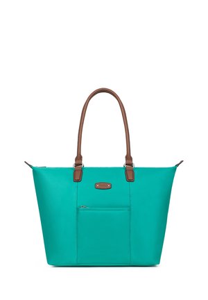 Sac cabas turquoise avec poignées en cuir marron, poche avant zippée, et écusson rectangulaire de la marque au-dessus de la poche.