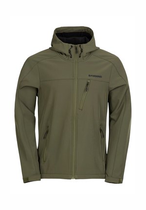 Olivgrüne Softshelljacke mit Reißverschluss vorne, verstellbare Kapuze und zwei seitlichen Reißverschlusstaschen. Verfügt über eine Reißverschlusstasche auf der Brust und ein strukturiertes Material.