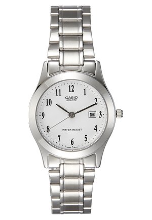 Silver stainless steel quartz watch with a white dial, black hour markers, date display, and water-resistant feature. Metal bracelet band.
