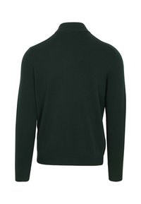 Donkergroen lange mouwen trui met een geribde kraag en manchetten, met een gladde textuur en een aansluitend ontwerp. Achteraanzicht weergegeven.